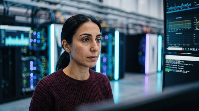 Female data analyst monitor server performance in data center