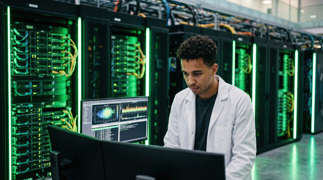 Researcher analyze scientific data in high-tech server room