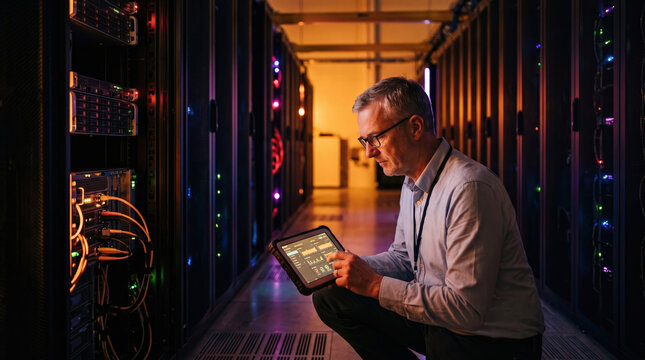 Technician Checking an Open Server Cabinet