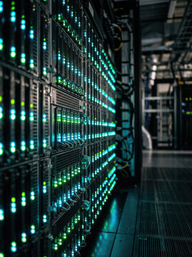 Macro of blinking status LEDs in data center server racks
