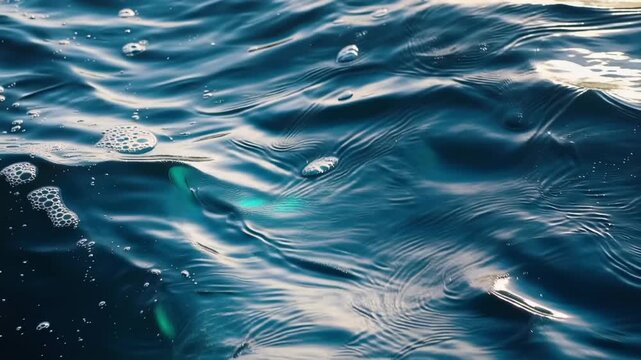 Slow handheld tracking close-up of calm ocean surface rippling under midday sunlight, turquoise highlights, scattered foam and subtle wave patterns across the open sea.