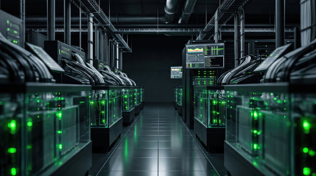 Dark data center corridor with server rack and green light