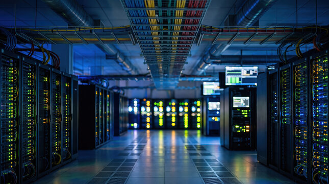 Data center server racks with network cables and monitors