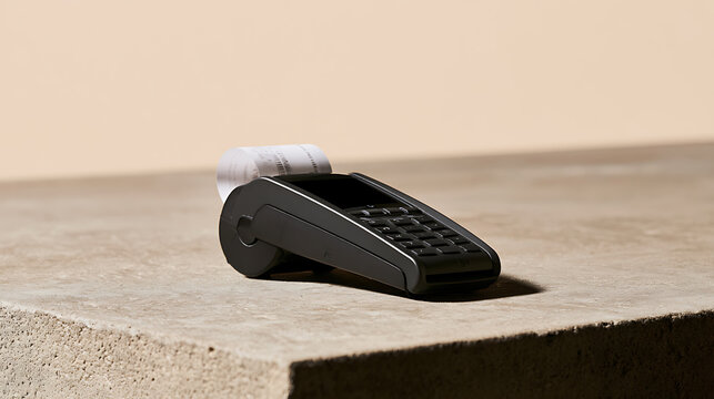 Modern electronic payment terminal with receipt roll on concrete counter, minimalist commercial technology setup for financial transaction