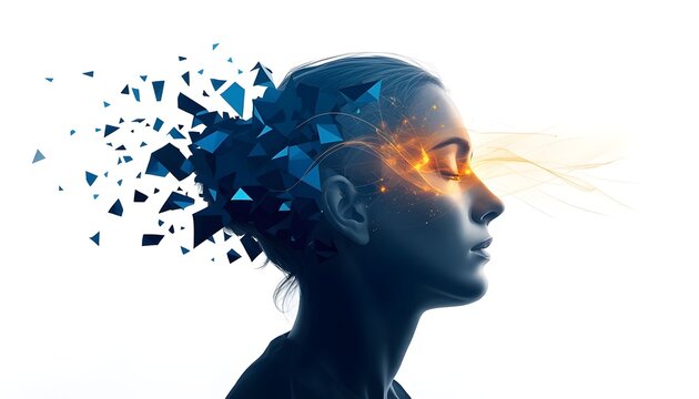 Abstract profile of a woman&rsquo;s face dissolving into blue geometric polygons with glowing light rays