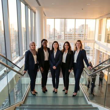 Diverse professional women walking confidently in modern office stairwell for leadership and success concept