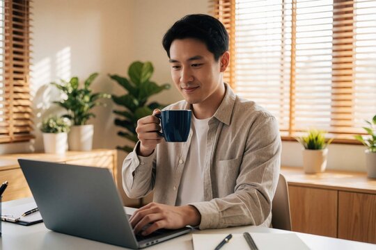 Man drinks coffee while working on laptop at home office desk. Young asian guy focused on computer screen, remote work, productivity, home life.