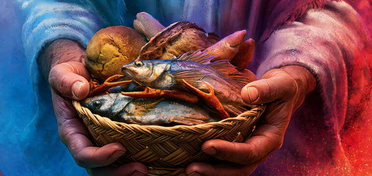  hands holding a basket of bread and fish, with a holy background, 