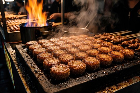 Grilled ramen bites sizzle on a hot plate at a busy night market. Steam rises as a chef cooks skewers and snacks for customers under bright lights and flames.