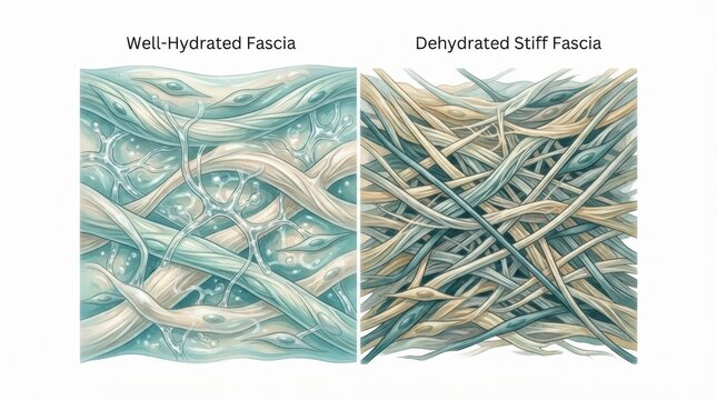 Two panels demonstrate well-hydrated and dehydrated fascia. The left shows a soft network while the right depicts a stiff arrangement.