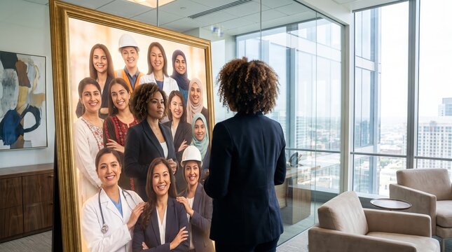 Diverse professional women networking in modern corporate office with teamwork portraits display, Women's Equality Concept