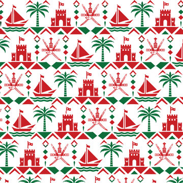 Omani national pattern, red and green seamless vector, traditional symbols and cultural icons