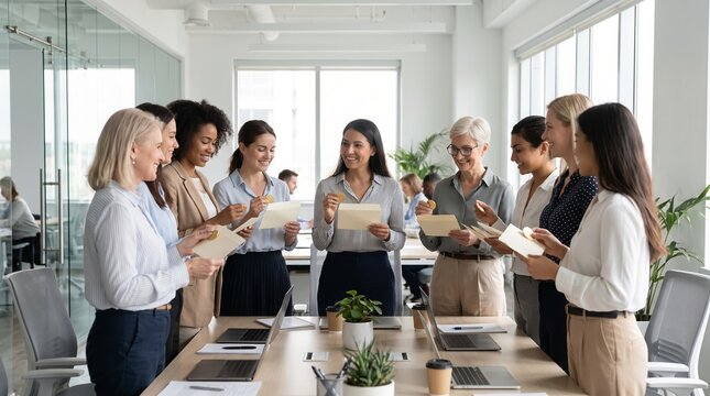 Diverse professional women networking at modern office event with coffee and smiles, Women's Equality Concept