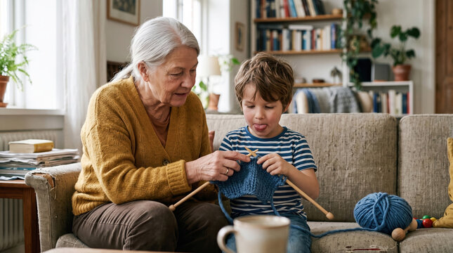 Grandmother Teaching a Child to Knit