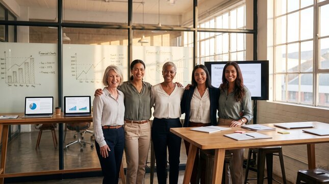Diverse professional women team collaborating in modern office with digital screens and natural light, Women's Equality Concept