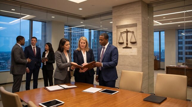 Diverse business professionals shaking hands in modern office for partnership agreement