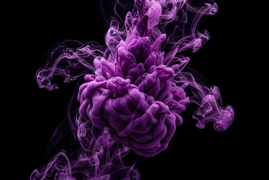 Purple Smoke Ink Drop Swirling Tendril Fluid Art on Black Background