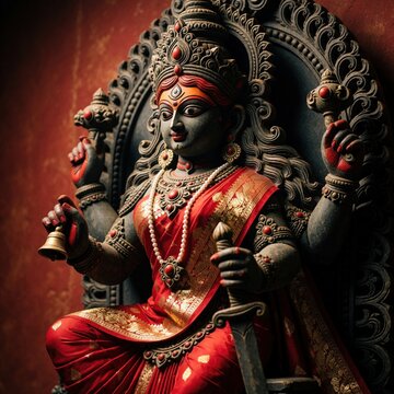 Hindu goddess Durga statue holds sword bell weapons. Four armed deity wears red sari pearl necklace. Divine feminine power symbol sits on throne.