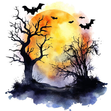 watercolor draw of Night Halloween, isolated on a white background.