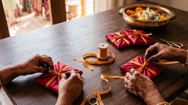 Hennaed hands tie silk favor bundles for wedding guests