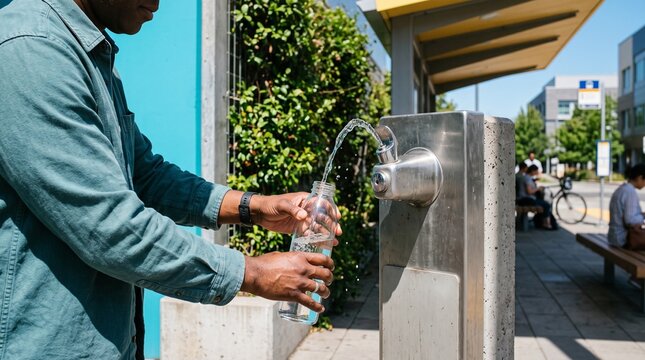 Commuter refills water beside a shaded transport pavilion