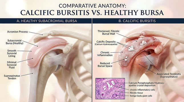 Healthy Bursa Versus Calcific Bursitis Chalky Deposits and Crystal Deposition