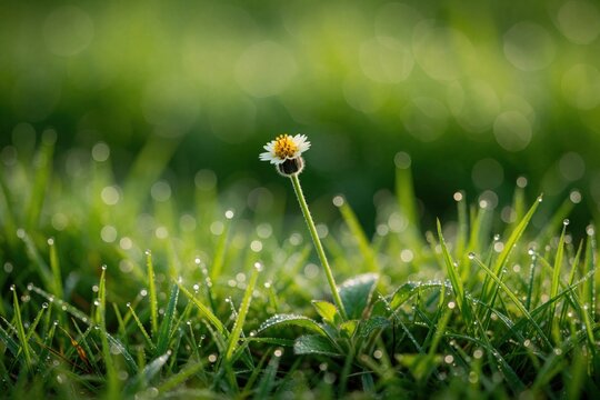 Tiny white flower with yellow center sprouts from rich green grass. Morning dew drops sparkle on blades. Soft bokeh background creates peaceful, natural scene.