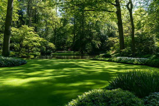 In the Lisse, Netherlands, Europe, keukenhof gardens, lush green grass lies