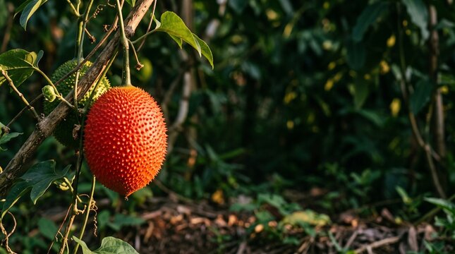 Ripe gac fruit glowing on a vine in a Vietnamese orchard