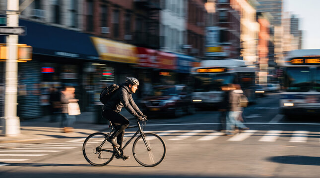 Cyclist Speeding Through City Street