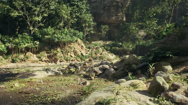 Serene canyon stream with sunlit rocks, Hidden valley stream adorned with fallen timber and glowing rocks inviting exploration and adventure