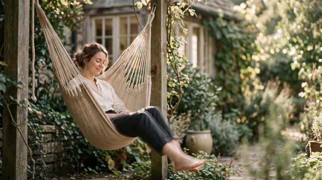 Woman relax in hammock in sunlit garden retreat