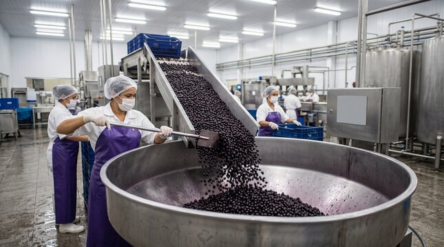 Workers receive fresh acai berries for frozen pulp production