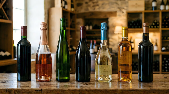 Various wine bottles standing on a wooden table in a cellar