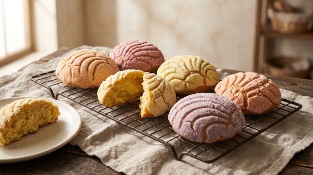 Fresh conchas cool on a linen lined rack after final decoration