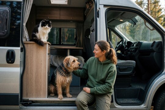 Woman traveler with dog and cat sits near camper van doorway. Pets and person enjoy road trip adventure exploring forest nature. Van life offers freedom and comfort.