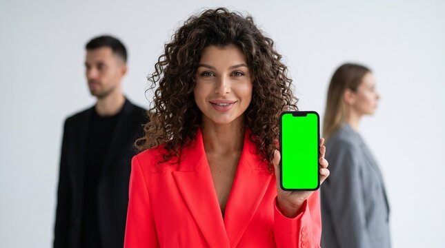 Businesswoman in Vibrant Suit Holding Smartphone with Green Screen Mockup Display