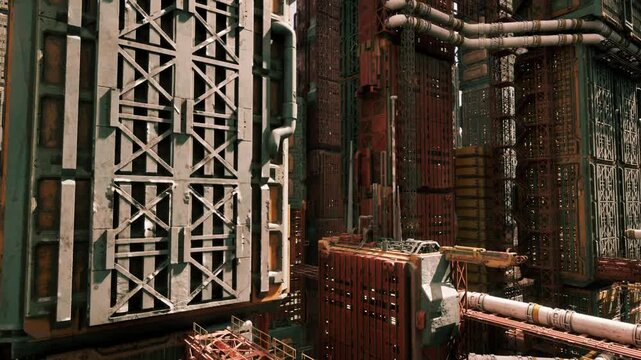 Complex mechanical junction chamber with pipelines and valve clusters, dense metalwork and layered supports, industrial ambience with warm highlights, intricate