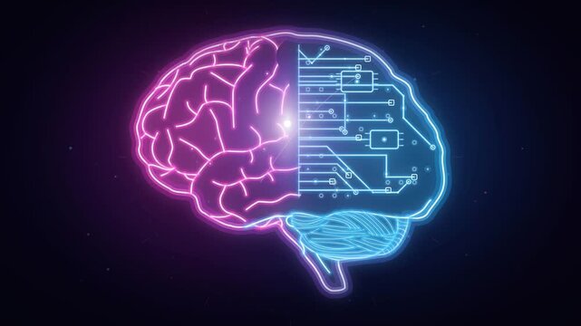 Neon brain animation with organic half and glowing circuit half for artificial intelligence