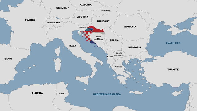 Illustration of a map of Europe with Croatia highlighted by the Croatian national flag.