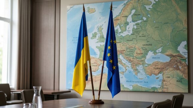 Ukraine and EU flags displayed before a map of Europe in a meeting room