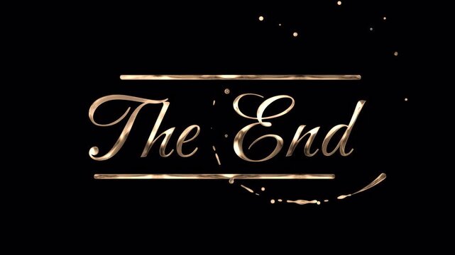 Elegant Golden The End Text Animation with Sparkling Particles and Decorative Lines on Black Background for Cinematic Movie Ending VFX with Alpha Channel Transparency