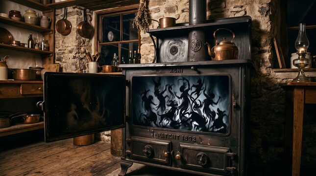 Antique cast iron wood stove with open door revealing dancing ethereal shadow spirits inside firebox within rustic stone cottage kitchen interior during nighttime.