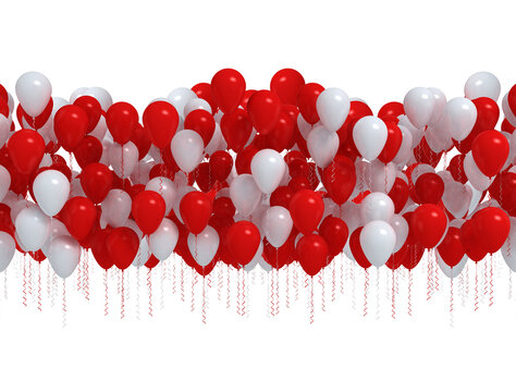 Red and white party balloons in a row. Isolated on white background. 3d render