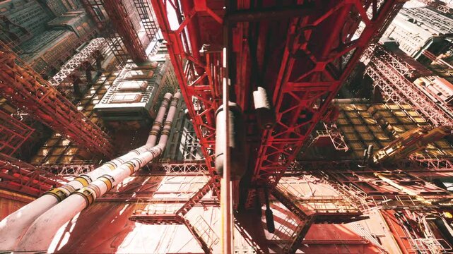 drone inspection inside red steel platform environment, sensor sweep across catwalks and piping, remote mapping, technical atmosphere with sharp highlights