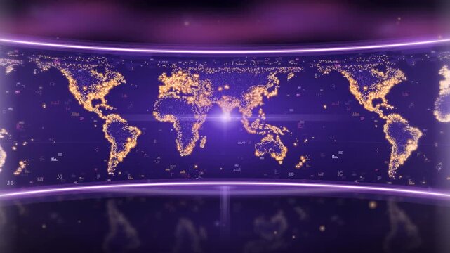 Curved video wall background loop with a glowing golden world map scrolling in purple light