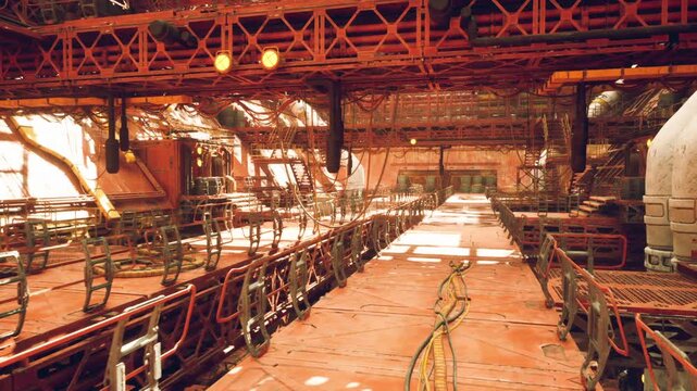 Lightfilled hall showcasing industrial features and reflections, Illuminated pathway presenting metallic elements and robust design atmosphere