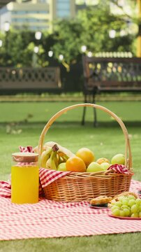 Vertical video: Empty city park features a picnic basket and blanket on the grass, with fresh fruit, pastries and juice arranged on the checkered blanket in a sunny urban park for a summertime picnic.