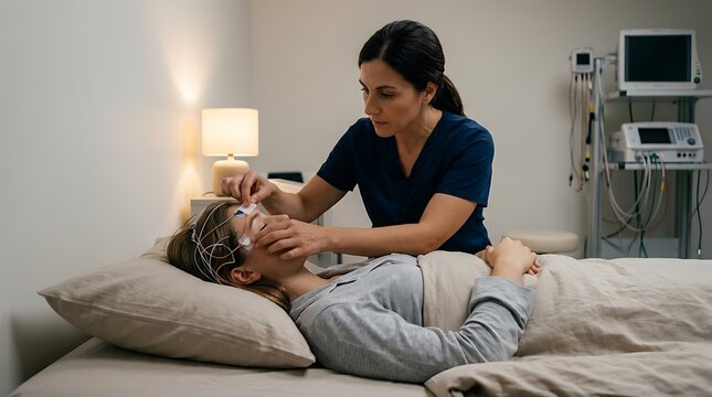 Professional Sleep Study Performing EEG Test On A Patient In A Modern