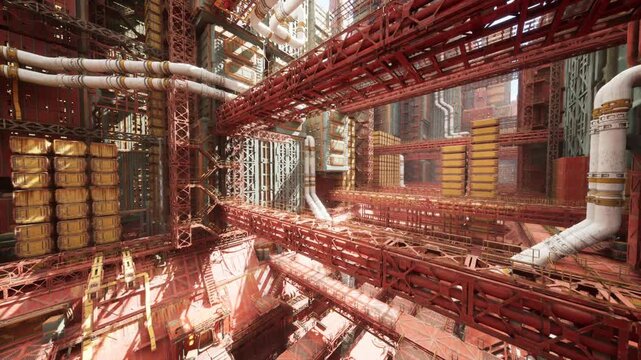 warm industrial corridor with stacked containers, intersecting pipes and maintenance platforms, sunlight slicing through framework producing dramatic